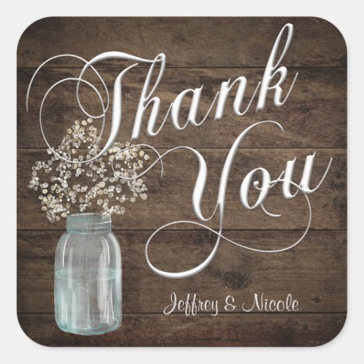 Rustic Barn Wedding Wood Mason Jar Babys Vierkante Sticker (Voorkant)