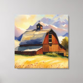 Rustic Barn Wheat Field & Mountains Waterverf Canvas Afdruk (Voorkant)