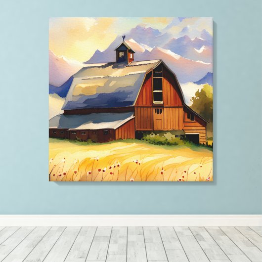 Rustic Barn Wheat Field & Mountains Waterverf Canvas Afdruk (Insitu (Houten vloer))