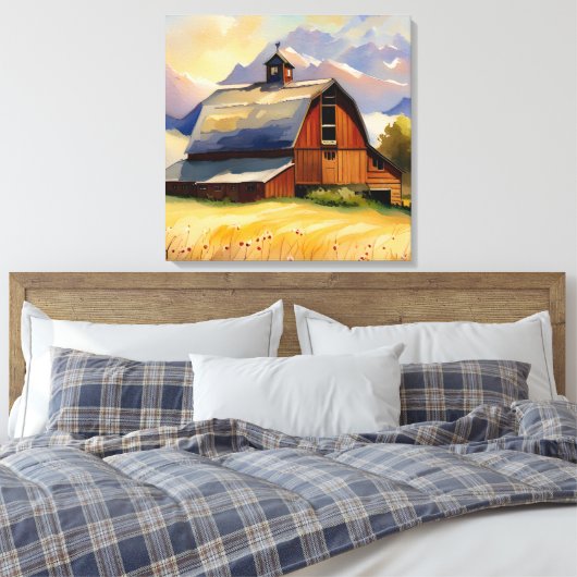 Rustic Barn Wheat Field & Mountains Waterverf Canvas Afdruk (Insitu (Slaapkamer))