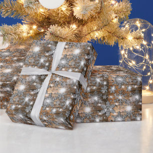 Rustic Barn Wood, bevroren zilveren sneeuwvlokken Cadeaupapier
