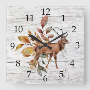 Rustic Barn Wood Deer Antlers Herfst Foliage Vierkante Klok