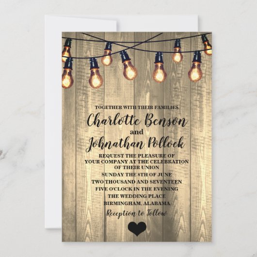 Rustic Barn Wood & Edison Bulbs Wedding Kaart (Voorkant)
