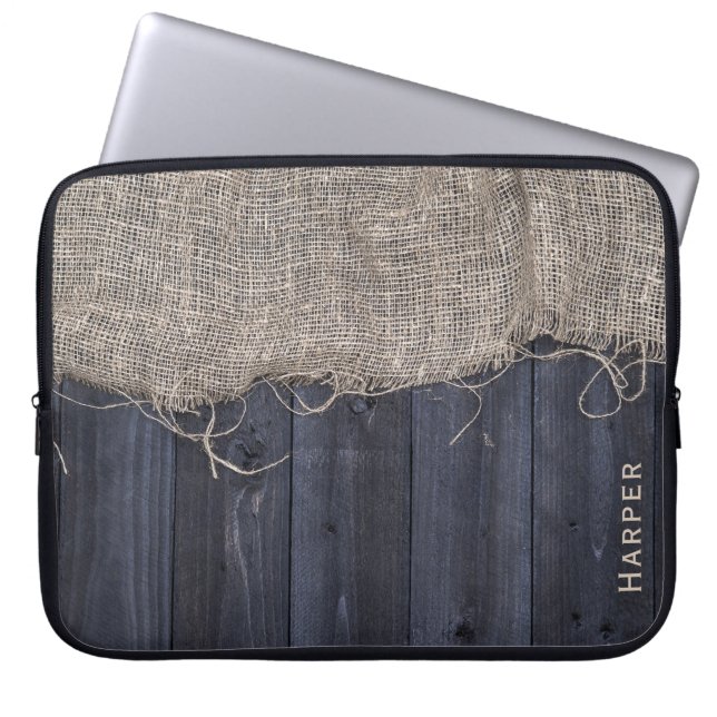 Rustic Barn Wood en Burlap Pattern met naam Laptop Sleeve (Voorkant)