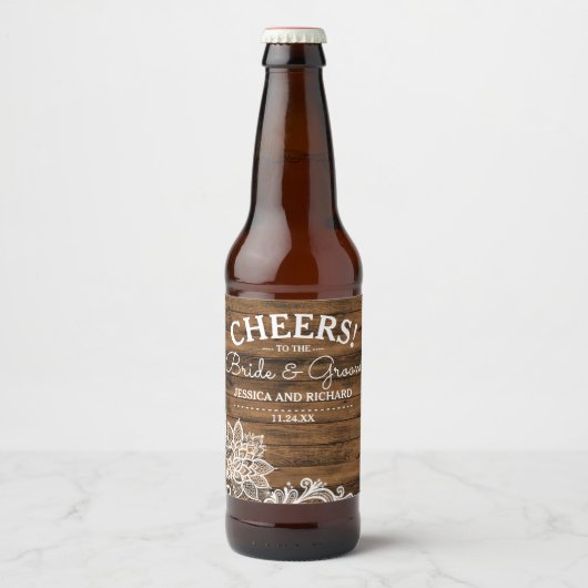Rustic Barn Wood en Lace | Aangepaste bruiloft Bier Etiket (Voorkant)