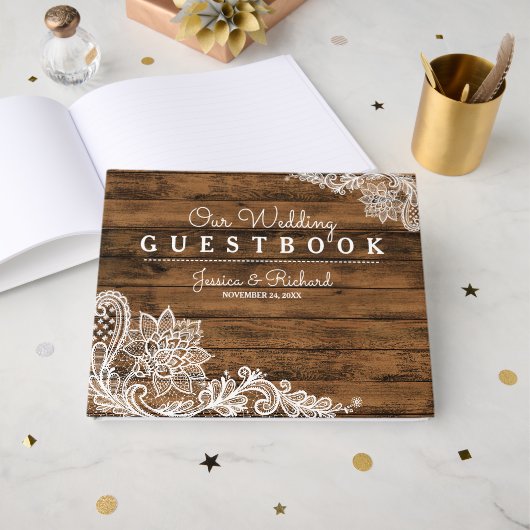 Rustic Barn Wood en Lace Gastenboek (Voorkant open)
