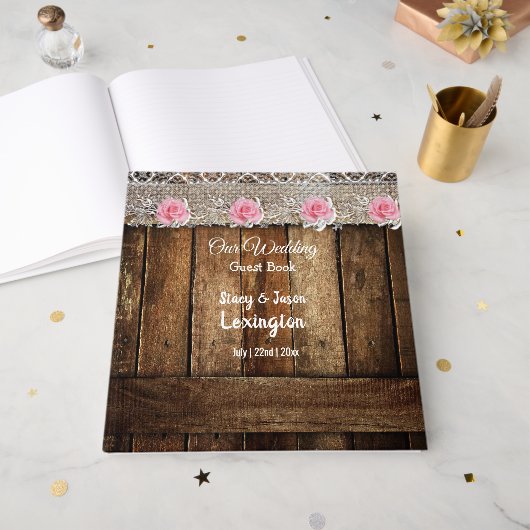 Rustic Barn Wood en Lace Wedding Gastenboek (Voorkant open)