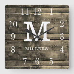 Rustic Barn Wood Familienaam Monogram Farmhouse Vierkante Klok