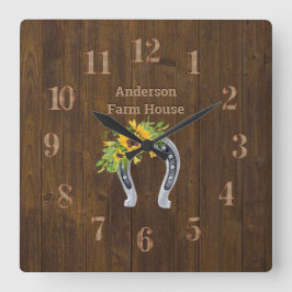 Rustic Barn Wood Farmhouse Hoefijzer Zonnebloemen Vierkante Klok