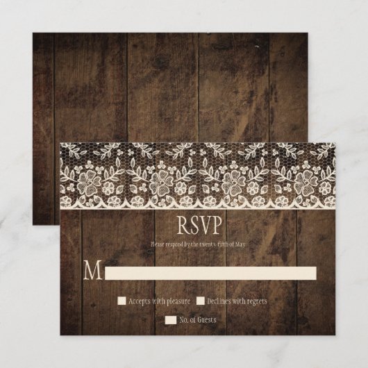 Rustic Barn Wood  Ivory Lace RSVP Kaartje (Voorkant / Achterkant)