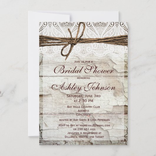 Rustic Barn Wood Lace Bridal Shower Invitations Kaart (Voorkant)