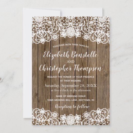 Rustic Barn Wood Lace Calligraphy Wedding Kaart (Voorkant)