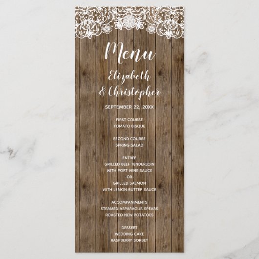 Rustic Barn Wood Lace Calligraphy Wedding Menu (Voorkant)