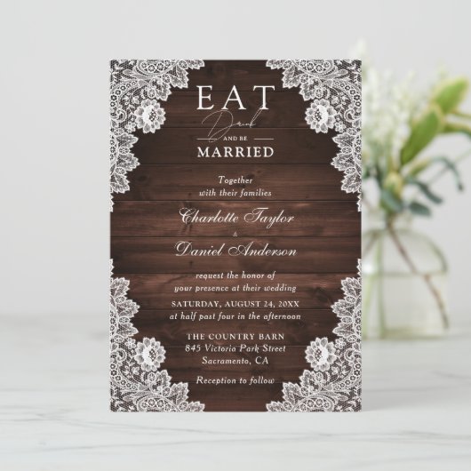 Rustic Barn Wood Lace Eat Drink and be Married Kaart (Staand voorkant)