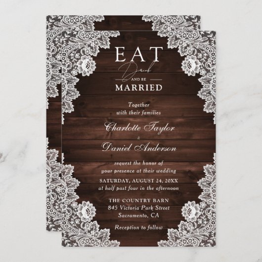 Rustic Barn Wood Lace Eat Drink and be Married Kaart (Voorkant / Achterkant)