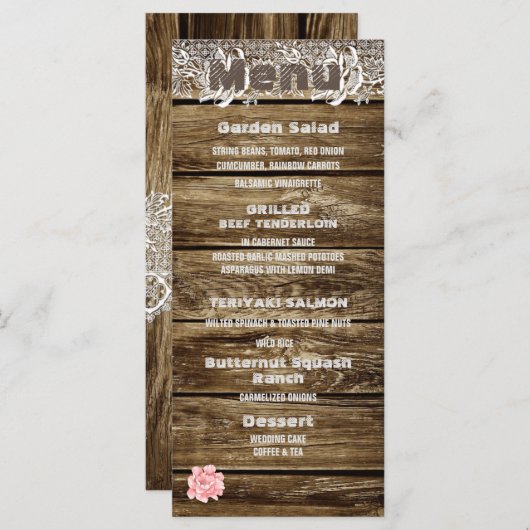 Rustic Barn Wood & Lace Menu Mariage (Devant / Derrière)