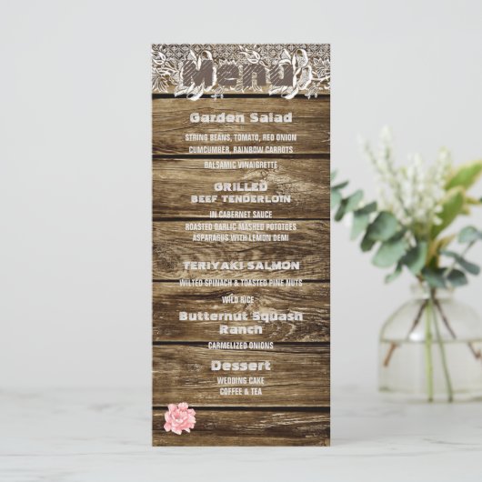 Rustic Barn Wood & Lace Menu Mariage (Debout devant)