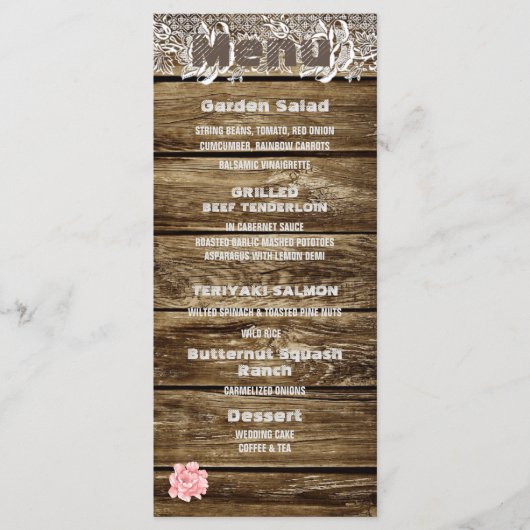 Rustic Barn Wood & Lace Menu Mariage (Devant)