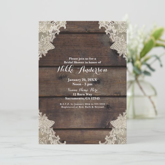 Rustic Barn Wood & Lace Romantic Elegant Wedding Kaart (Staand voorkant)
