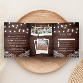 Rustic Barn Wood Lace String Lights Drieluik Uitnodiging