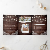 Rustic Barn Wood Lace String Lights Drieluik Uitnodiging (Binnen)