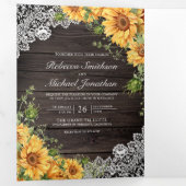 Rustic Barn Wood Lace Sunflower QR Code Weddenscha Drieluik Uitnodiging (Binnenzijde eerst)