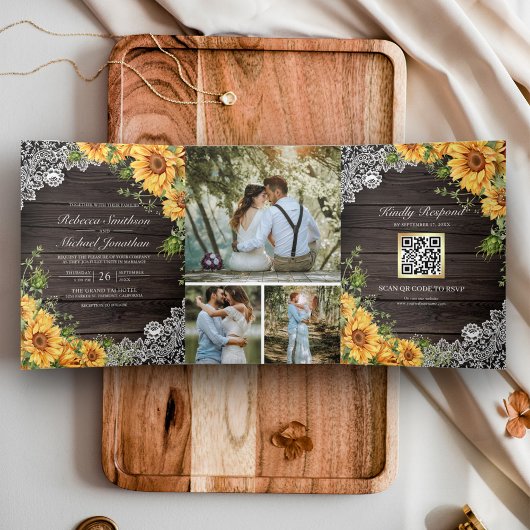 Rustic Barn Wood Lace Sunflower QR Code Weddenscha Drieluik Uitnodiging