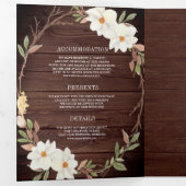 Rustic Barn Wood Magnolia Floral QR Code Weddensch Drieluik Uitnodiging (Binnenzijde eerst)
