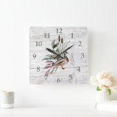 Rustic Barn Wood Mallard Duck Cattails Greenery Vierkante Klok (Huis)