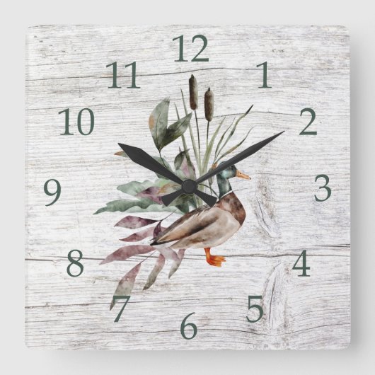 Rustic Barn Wood Mallard Duck Cattails Greenery Vierkante Klok (Voorkant)