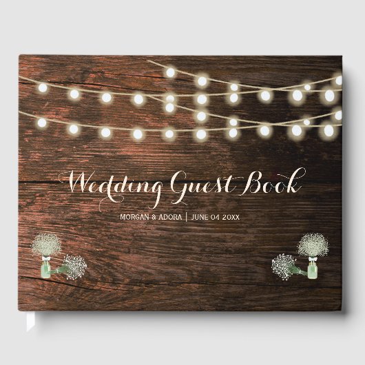 Rustic Barn Wood Mason Jar String Lights Wedding Gastenboek (Voorkant)