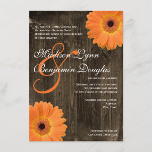 Rustic Barn Wood Oranje Daisy Wedding Invitations Kaart