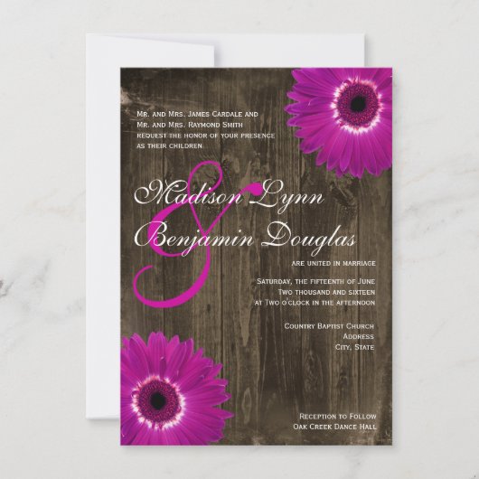Rustic Barn Wood Paarse Daisy Wedding Invitations Kaart (Voorkant)