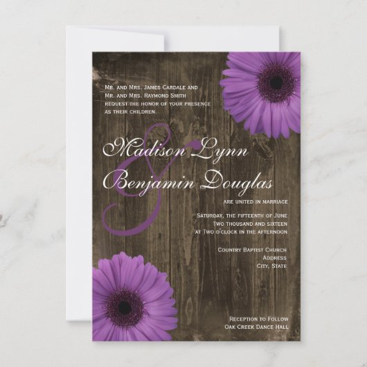 Rustic Barn Wood Paarse Daisy Wedding Invitations Kaart (Voorkant)
