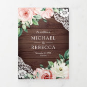 Rustic Barn Wood Peach Floral Lace QR Code Weddens Drieluik Uitnodiging (Cover)