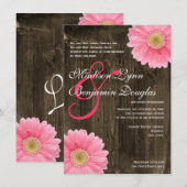 Rustic Barn Wood Pink Daisy Wedding Invitations Kaart (Voorkant / Achterkant)