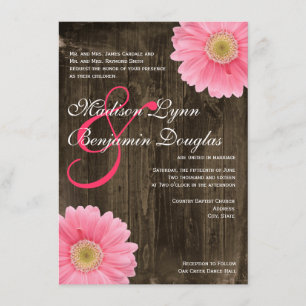 Rustic Barn Wood Pink Daisy Wedding Invitations Kaart
