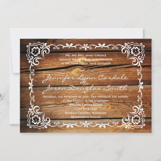Rustic Barn Wood Scroll Lijst Wedding Invitting Kaart (Voorkant)
