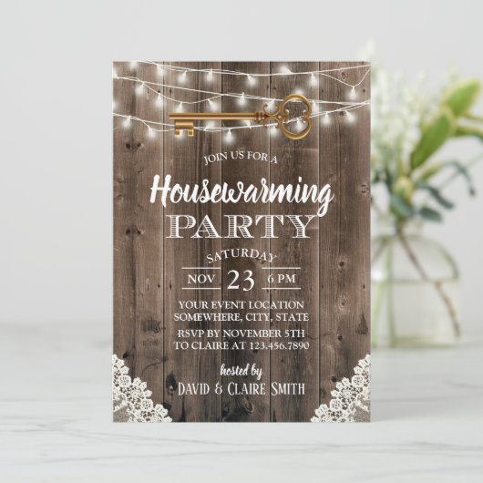 Rustic Barn Wood Skeleton Key Housewarming Party Kaart (Staand voorkant)