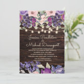 Rustic Barn Wood String Licht Paarse Roze Floral Kaart (Staand voorkant)