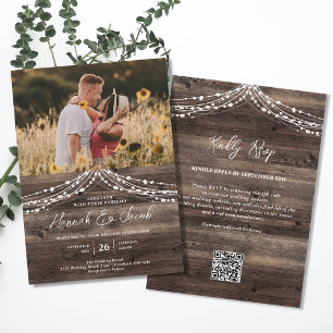 Rustic Barn Wood String Light QR Code RSVP Weddens Kaart