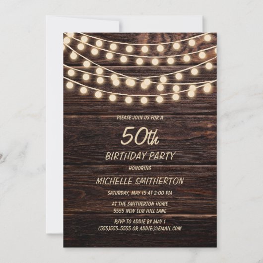 Rustic Barn Wood String Lights 50th Birthday Kaart (Voorkant)