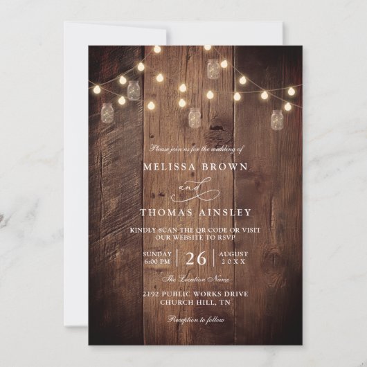 Rustic Barn Wood String Lights QR Code Wedding Kaart (Voorkant)