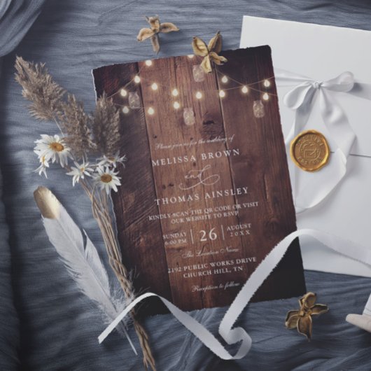 Rustic Barn Wood String Lights QR Code Wedding Kaart