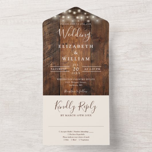 Rustic Barn Wood String Lights Wedding All In One Uitnodiging (Binnen)