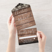 Rustic Barn Wood String Lights Wedding All In One Uitnodiging (Afscheurbaar)