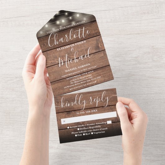 Rustic Barn Wood String Lights Wedding All In One Uitnodiging (Afscheurbaar)