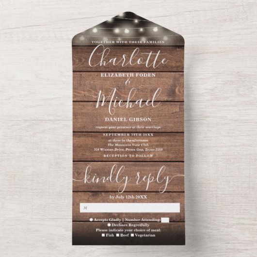 Rustic Barn Wood String Lights Wedding All In One Uitnodiging (Binnen)