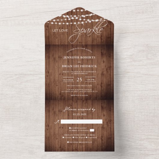 Rustic Barn Wood String Lights Wedding All In One Uitnodiging (Binnen)