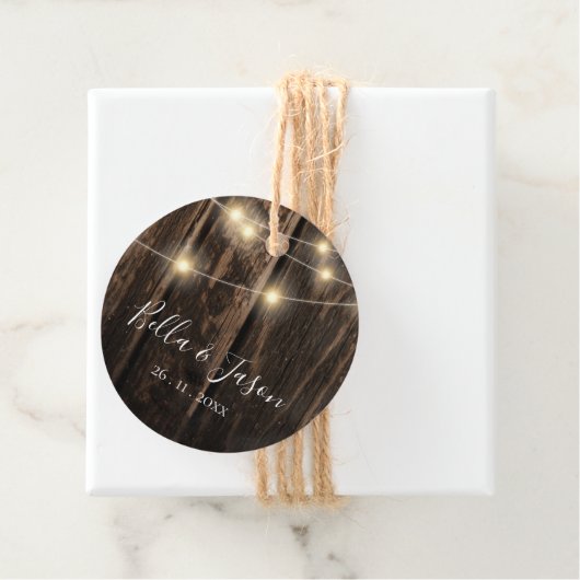Rustic Barn Wood String Lights Wedding Gift Bedankjes Labels (In situ)